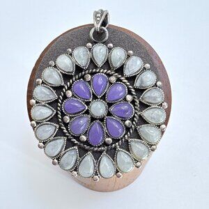 VTG Sterling Silver 925 Purple & White Quartz Circle Pendant Size 2" Length